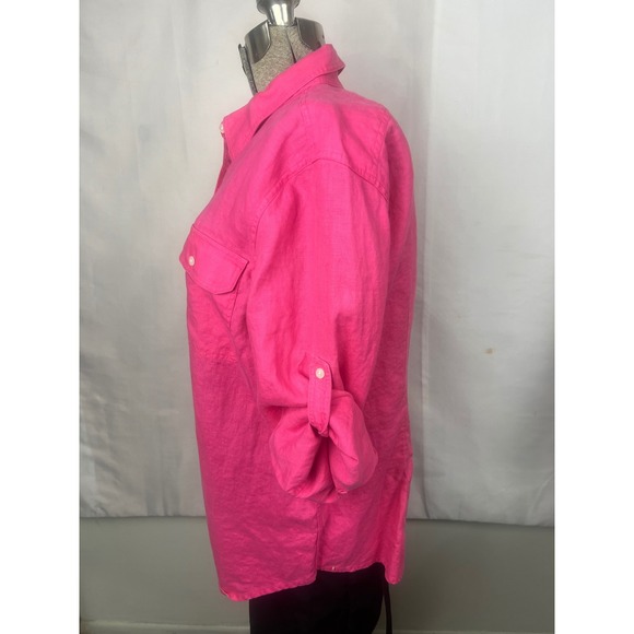 Chaps Classics Womens XL Hot Pink 100% Linen Roll Tab Sleeve Button Up Shirt - Picture 4 of 7